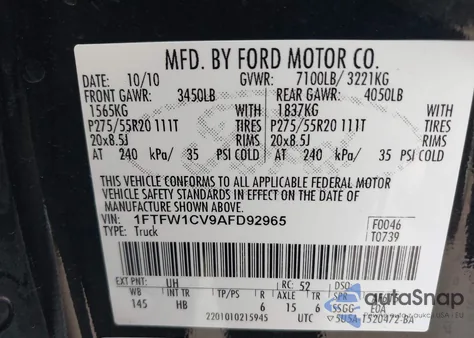 2010 Ford F-150 Lariat z USA, uszkodzony, nr VIN 1FTFW1CV9AFD92965